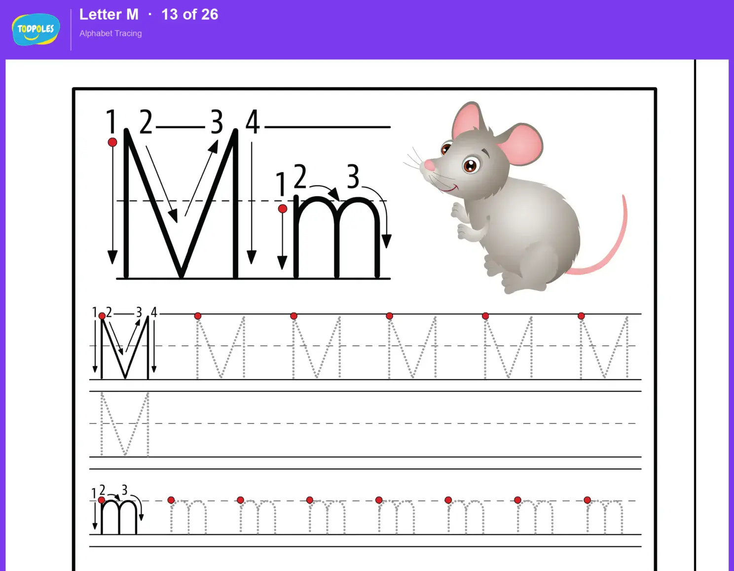 Letter M tracing worksheet — uppercase M and lowercase m with guided tracing lines