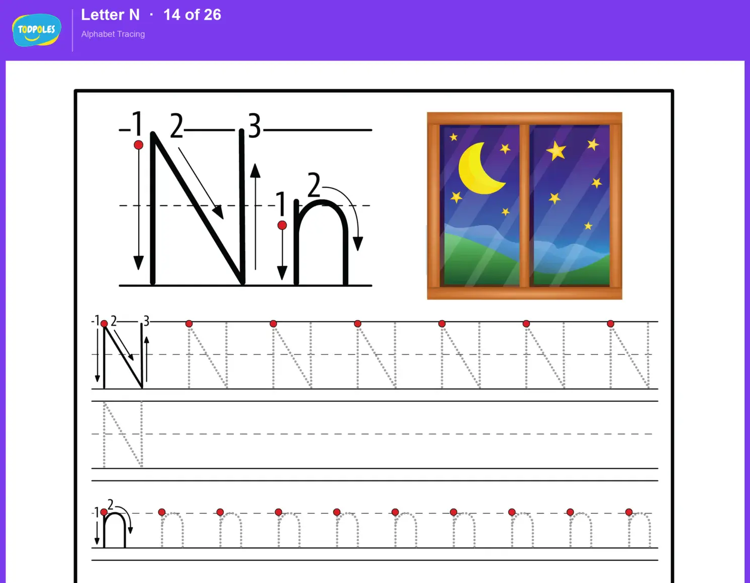 Letter N tracing worksheet — uppercase N and lowercase n with guided tracing lines