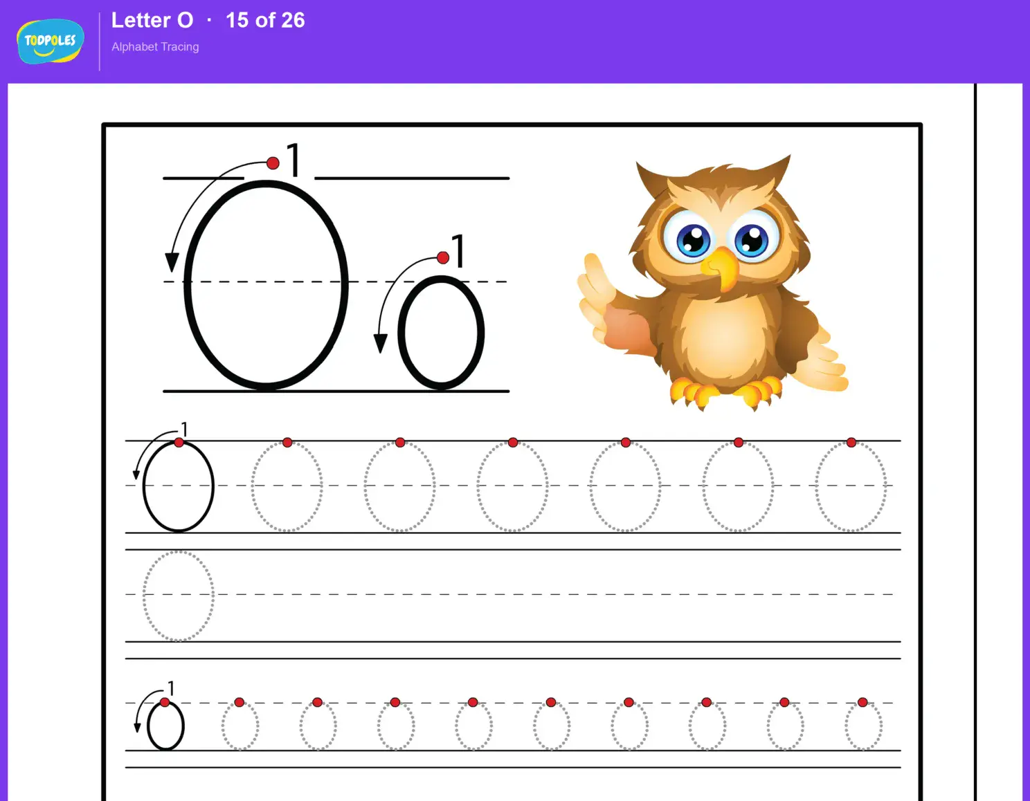 Letter O tracing worksheet — uppercase O and lowercase o with guided tracing lines