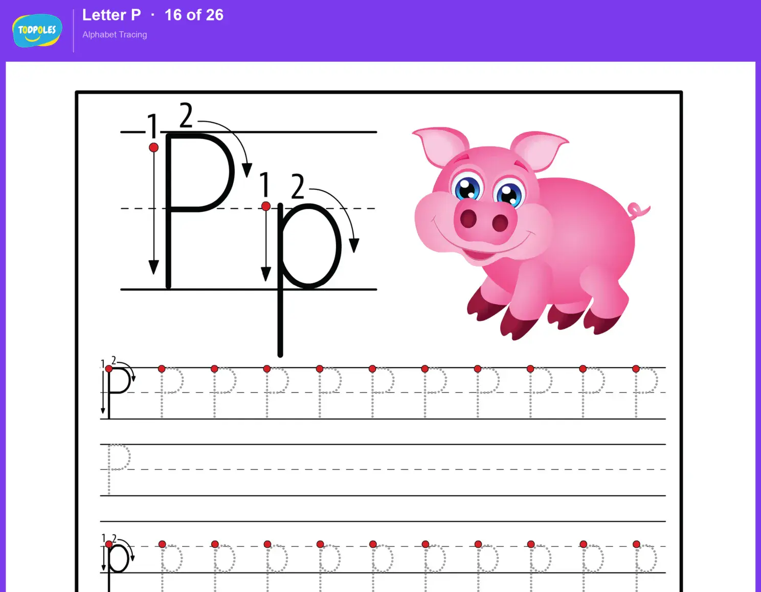 Letter P tracing worksheet — uppercase P and lowercase p with guided tracing lines
