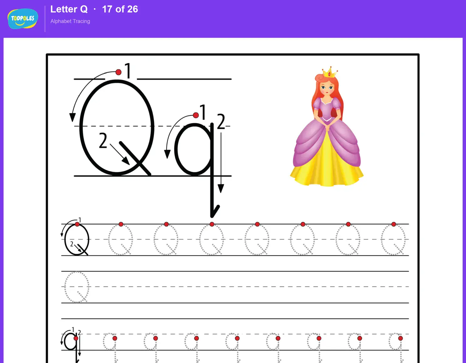 Letter Q tracing worksheet — uppercase Q and lowercase q with guided tracing lines