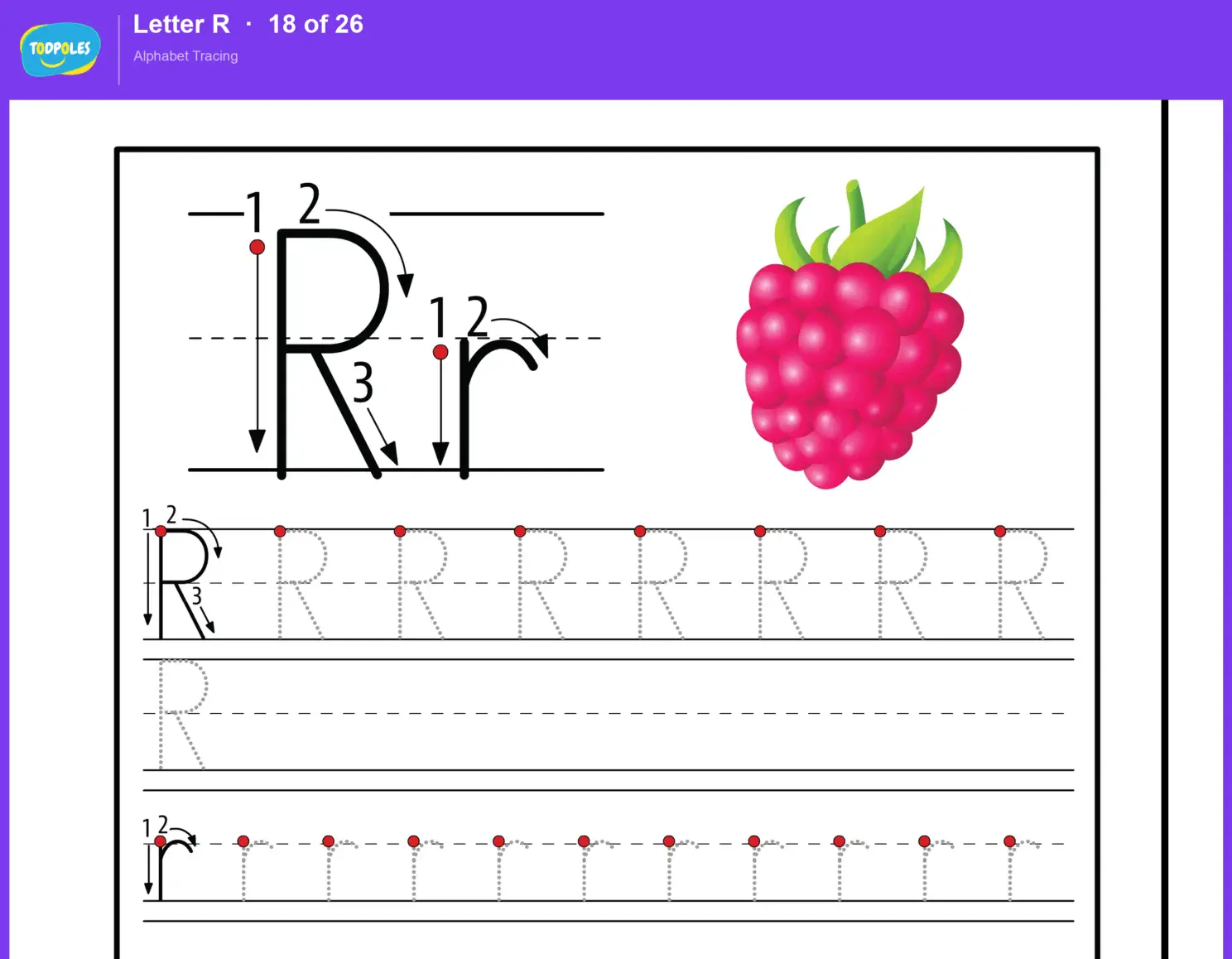 Letter R tracing worksheet — uppercase R and lowercase r with guided tracing lines