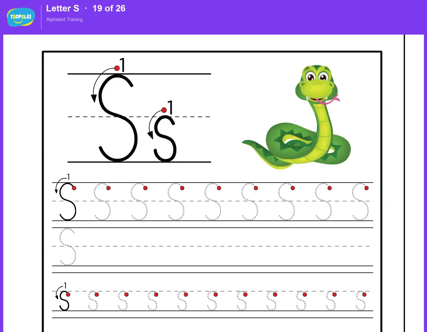 Letter S tracing worksheet — uppercase S and lowercase s with guided tracing lines
