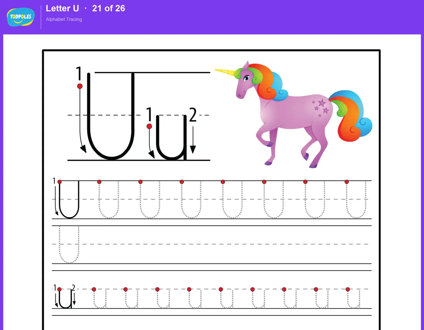 Letter U tracing worksheet — uppercase U and lowercase u with guided tracing lines