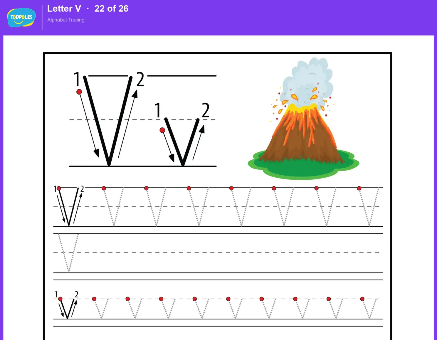 Letter V tracing worksheet — uppercase V and lowercase v with guided tracing lines