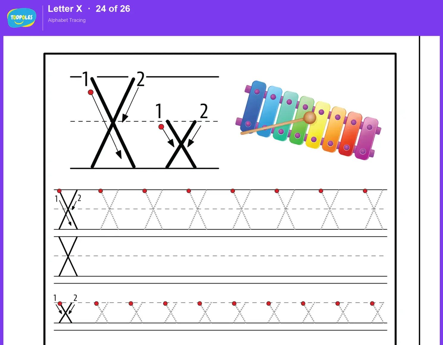 Letter X tracing worksheet — uppercase X and lowercase x with guided tracing lines
