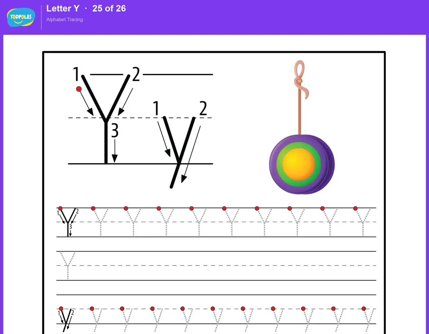 Letter Y tracing worksheet — uppercase Y and lowercase y with guided tracing lines
