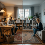 Podział mieszkania po rozwodzie – zasady, przykłady i prawa Man sitting at a kitchen table on one side, woman sitting on a sofa reading on the other side, space divided with bookshelves and labels