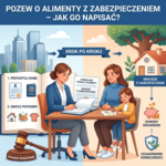 Pozew o alimenty z zabezpieczeniem – jak go napisać? Infografika „Pozew o alimenty z zabezpieczeniem – jak go napisać?”: przygotuj dane, oblicz potrzeby, złóż wniosek o zabezpieczenie, przedstaw dowody dochodów i uzasadnij konieczność; „Krok po kroku”, „Prawo rodzinne”.