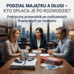 Podział majątku a długi – kto spłaca je po rozwodzie? Podział majątku a długi – kto spłaca je po rozwodzie? Praktyczny przewodnik po rozliczeniach finansowych po rozstaniu. Kobieta, prawniczka i mężczyzna siedzą przy stole z dokumentami, domem, samochodami, młotkiem sędziowskim, wagą sprawiedliwości, pieniędzmi i książkami „DŁUGI KREDYTOWE” oraz „ZOBOWIĄZANIA”.
