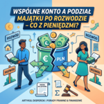 Wspólne konto a podział majątku po rozwodzie – co z pieniędzmi? Grafika z tekstem „WSPÓLNE KONTO A PODZIAŁ MAJĄTKU PO ROZWODZIE – CO Z PIENIĘDZMI?”, napisem „ROZWÓD”, euro, PLN, umową majątkową i młotkiem sędziowskim.