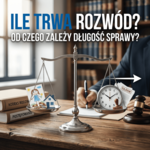 Ile trwa rozwód? Od czego zależy długość sprawy? Grafika z tekstem „ILE TRWA ROZWÓD? OD CZEGO ZALEŻY DŁUGOŚĆ SPRAWY?” oraz wagą sądową.