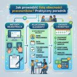 Jak prowadzić listę obecności pracowników? Praktyczny poradnik Infografika „Jak prowadzić listę obecności pracowników? Praktyczny poradnik” z metodami, elementami i korzyściami