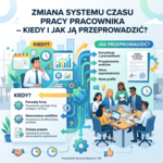 Zmiana systemu czasu pracy pracownika. Kiedy i jak to zrobić? Infografika „Zmiana systemu czasu pracy pracownika – kiedy i jak ją przeprowadzić?” z sekcjami „Kiedy?” i „Jak przeprowadzić?” oraz listą konsultacji, aneksów, okresu wypowiedzenia i nowych grafików.