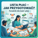 Lista płac – jak przygotować? Poradnik dla kadr i płac Infografika „LISTA PŁAC – JAK PRZYGOTOWAĆ? Poradnik dla kadr i płac” z hasłami: „ANALIZA DANYCH”, „WYLICZANIE WYNAGRODZEŃ”, „SKŁADKI ZUS I PODATKI”, „TERMINOWOŚĆ Z PRZEPISAMI” i „ZGODNOŚĆ Z PRZEPISAMI”; osoby pracują przy dokumentach, kalkulatorze i laptopie.