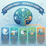 Stosunek pracy – obowiązki kadry i HR. Nawiązanie stosunku pracy: umowy, skierowania lekarskie, szkolenia BHP. Naliczanie wynagrodzeń: lista płac, składki ZUS, zaliczki na podatek dochodowy. Rejestracja i ewidencja czasu pracy: urlopy, zwolnienia lekarskie, nadgodziny. Zarządzanie dokumentacją: akta osobowe, aneksy do umów, ewidencja pracowników. Rozwój pracowników i performance: planowanie szkoleń, oceny okresowe, awanse.