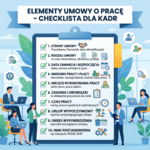 Infografika „ELEMENTY UMOWY O PRACĘ – CHECKLISTA DLA KADR” z listą: strony umowy; rodzaj umowy; data zawarcia i rozpoczęcia; warunki pracy i płacy; miejsce wykonywania pracy; zadania i obowiązki; czas pracy; urlop wypoczynkowy; okres wypowiedzenia; inne postanowienia.