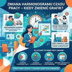 ZMIANA HARMONOGRAMU CZASU PRACY – KIEDY ZMIENIĆ GRAFIK?; NIESPODZIEWANE ZDARZENIA; PROŚBY PRACOWNIKÓW; WZROST PRODUKCJI / USŁUG; KLUCZOWE CZYNNIKI PRZY ZMIANIE; ZGODNOŚĆ Z KODEKSEM PRACY; KONSULTACJA Z PRACOWNIKAMI; SPRAWNA ORGANIZACJA I PLANOWANIE; EFEKTYWNY ZESPÓŁ I ZADOWOLENIE PRACOWNIKÓW
