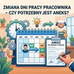 ZMIANA DNI PRACY PRACOWNIKA – CZY POTRZEBNY JEST ANEKS?; ANEKS DO UMOWY O PRACĘ; kalendarz, zegar i podpisywany dokument