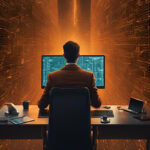 Professional seated at a desk facing a large monitor, surrounded by glowing orange data-center walls of circuitry (back view).