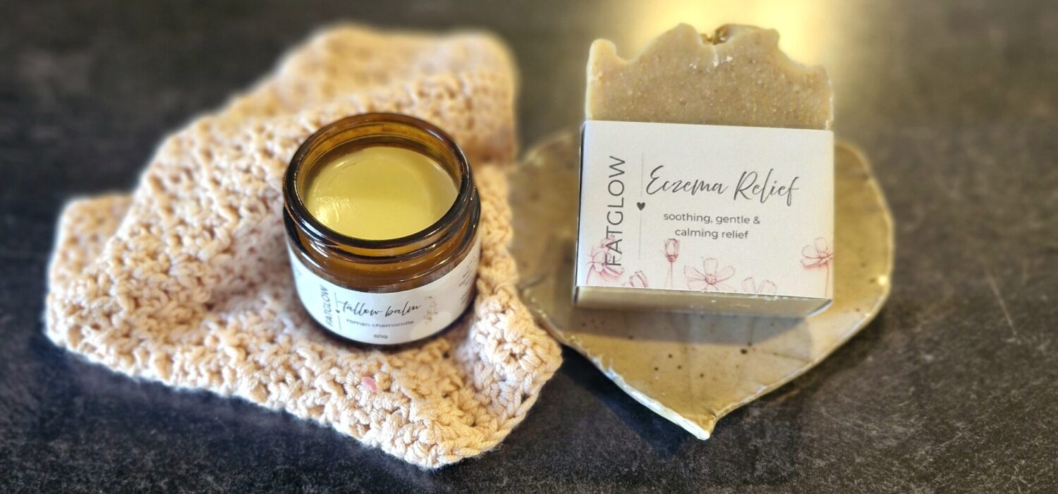Handcrafted grass-fed tallow soap and roman chamomile balm for eczema and sensitive skin, made in Taranaki, NZ