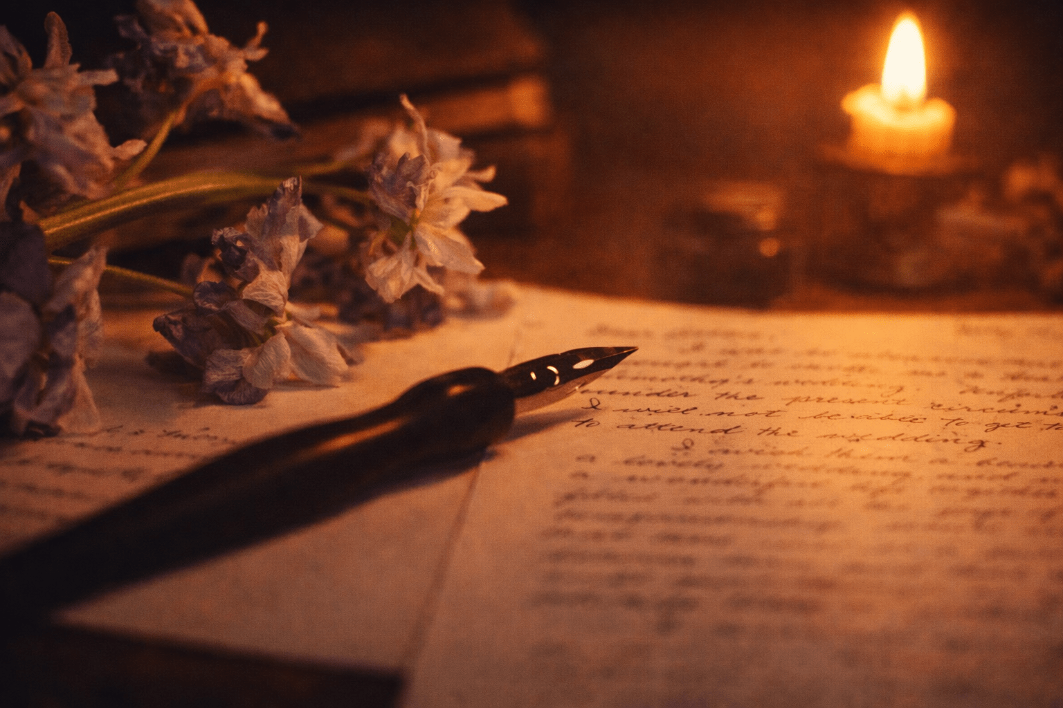 Warm image of a fountain pen on paper and a flower in the background.