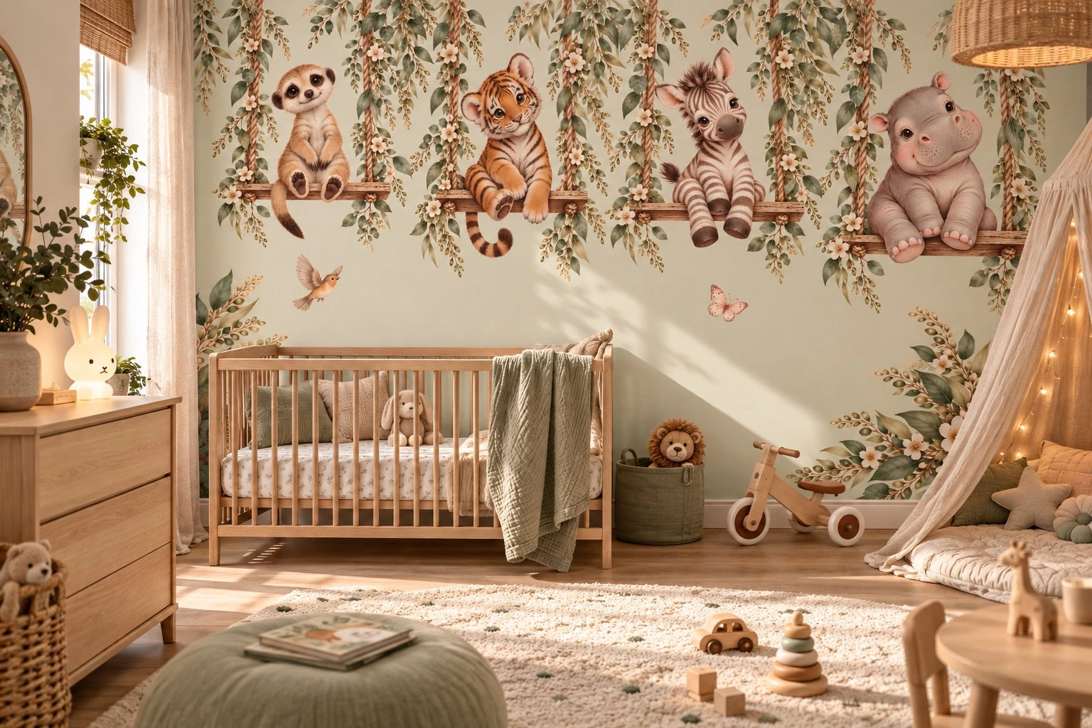 Kinderkamer foto behang Safari on a swing - safari dieren op schommels