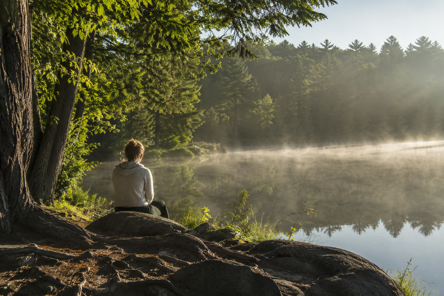 Eine Person sitzt am ruhigen Seeufer und blickt über das morgendliche Wasser. Das Motiv greift die Idee des Tag der Einfachheit mit einer stillen, natürlichen Szene auf.