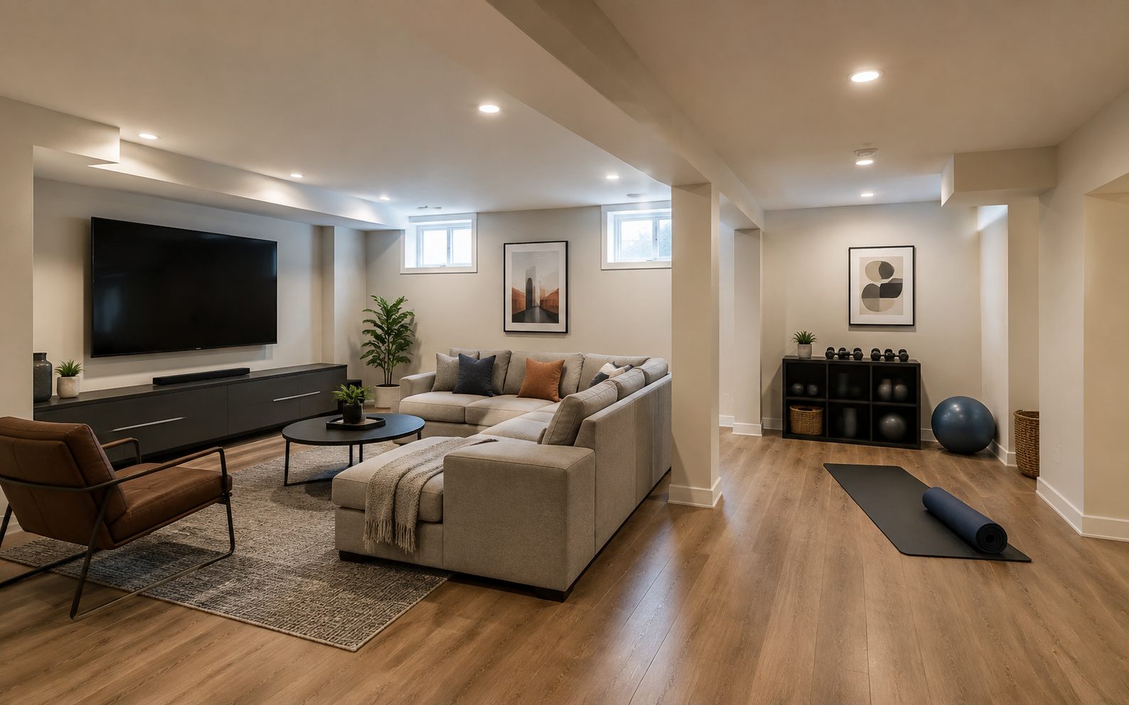 Finished basement media lounge and exercise area design inspiration