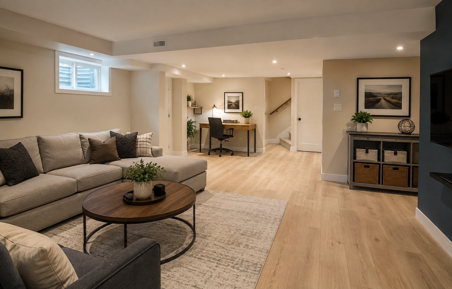 Finished basement recreation room and office design inspiration