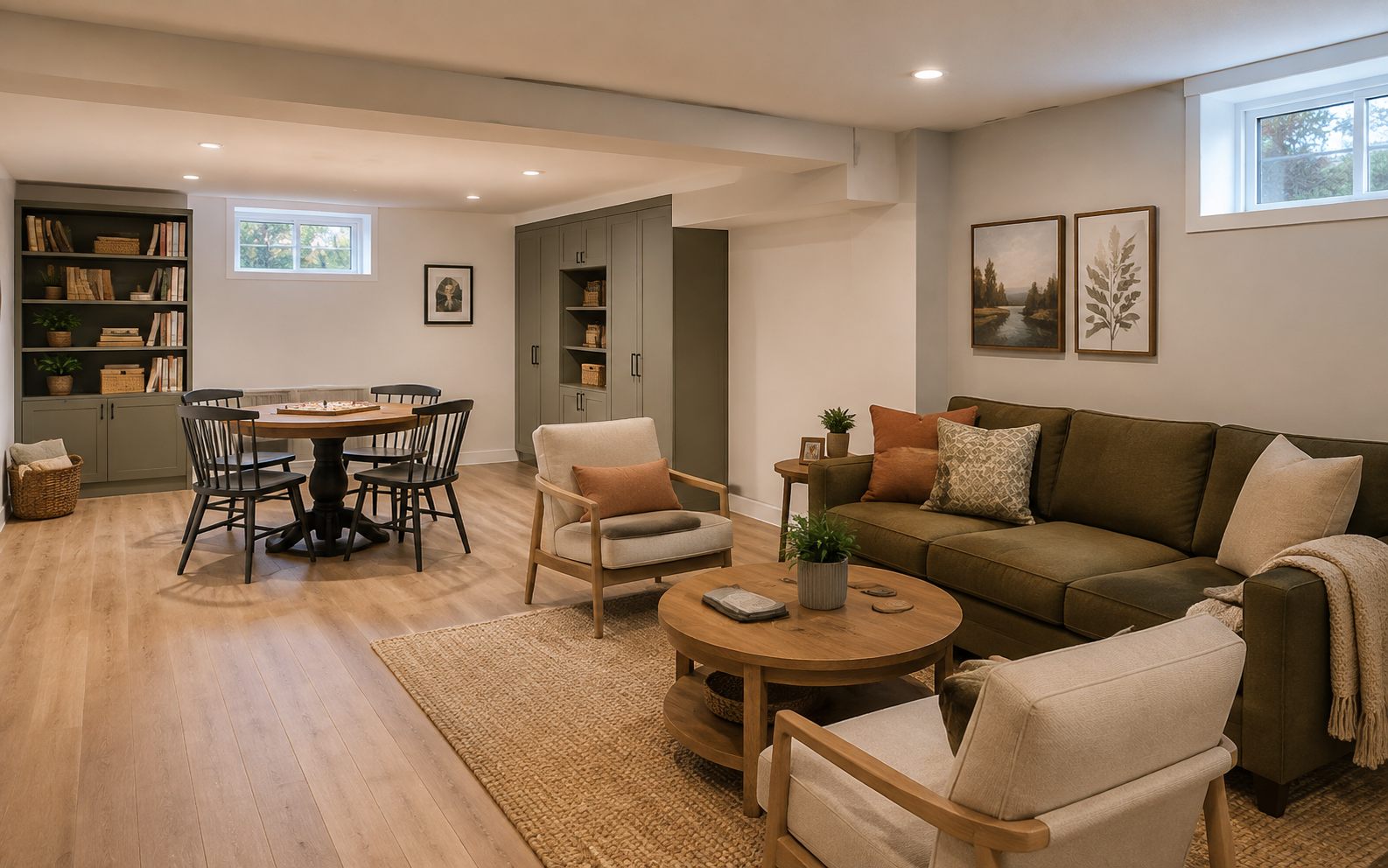 Finished basement family lounge and games area design inspiration