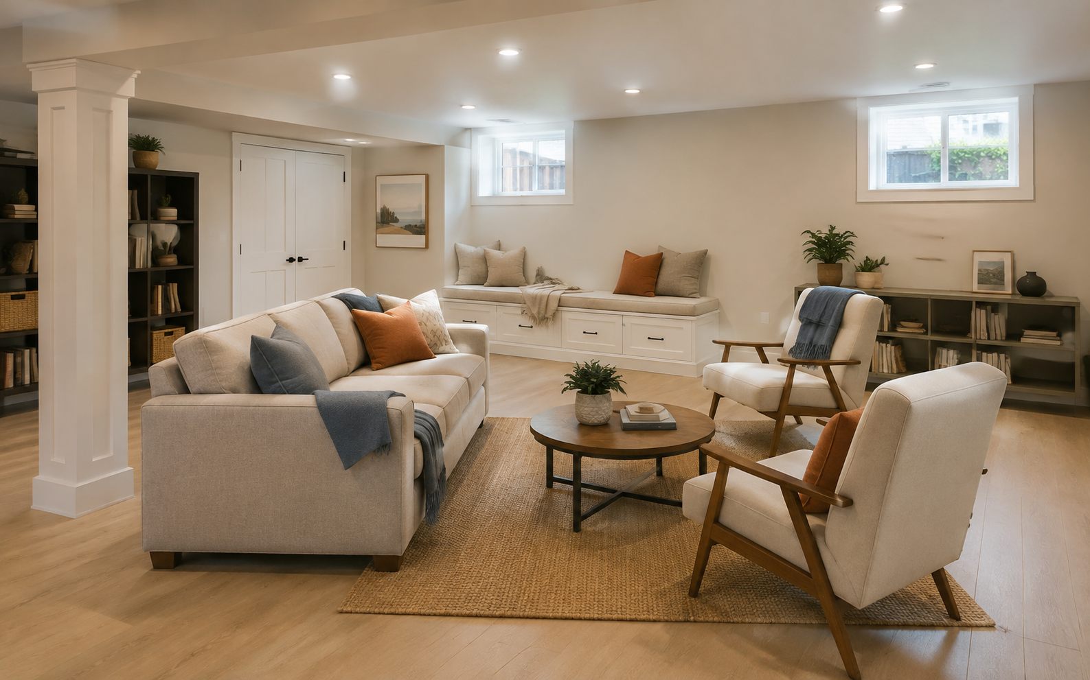 Finished basement family room and reading nook design inspiration