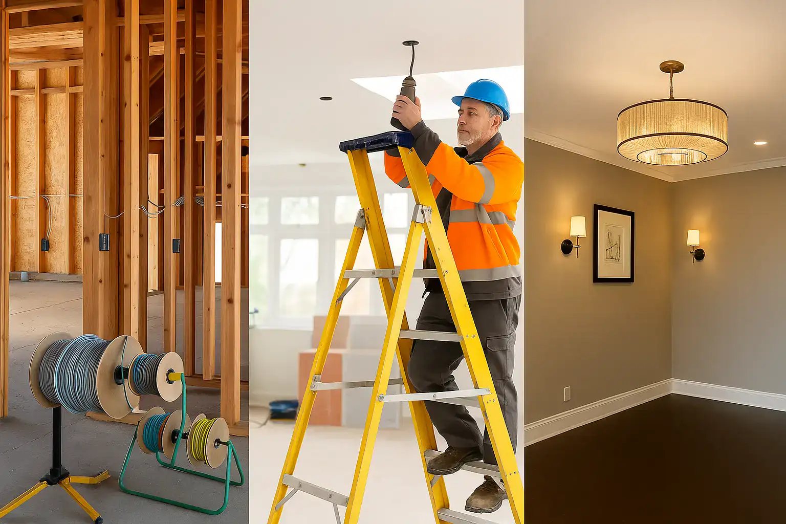 Licensed electrician installing ceiling light during residential electrical wiring in Sydney home, with cable reels and framing visible on construction site.