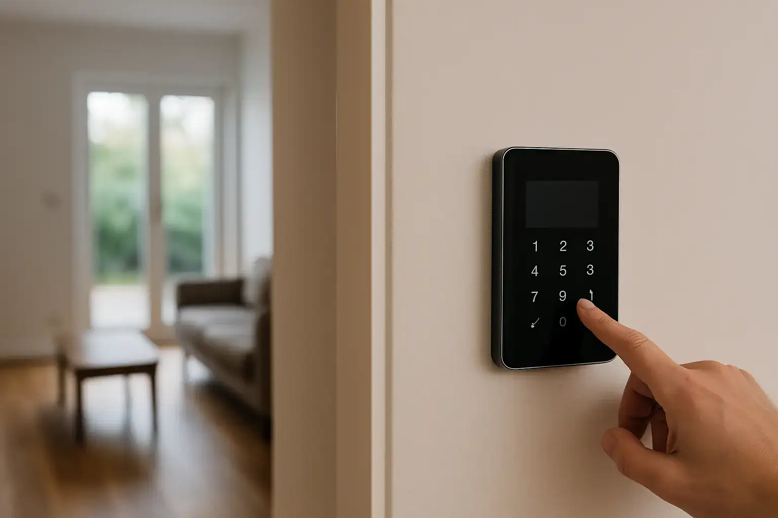 Black touchscreen alarm keypad installed inside a Sydney property