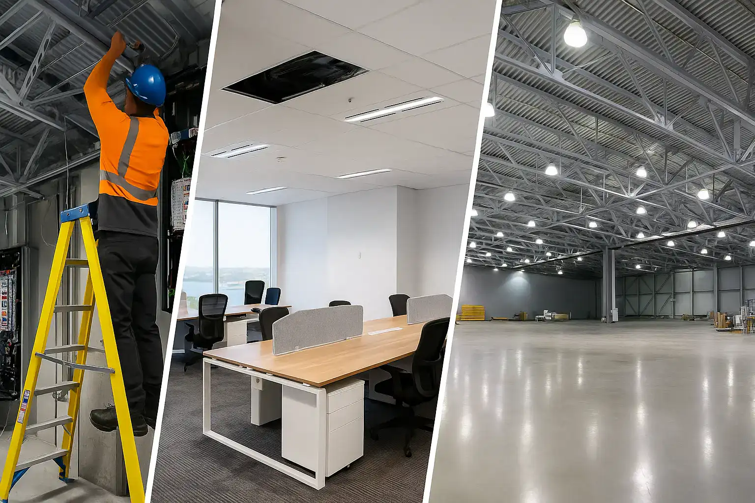 image showing a commercial electrician on a ladder, a modern Sydney office fit-out, and a large industrial warehouse with overhead lighting