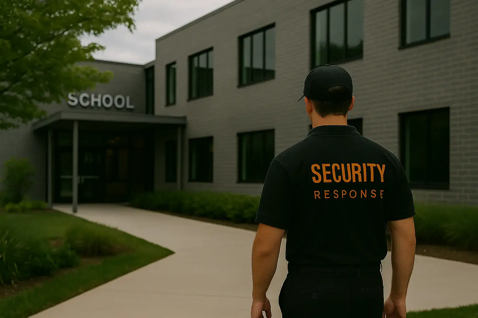School security guard supervising a student entry point in Inner West