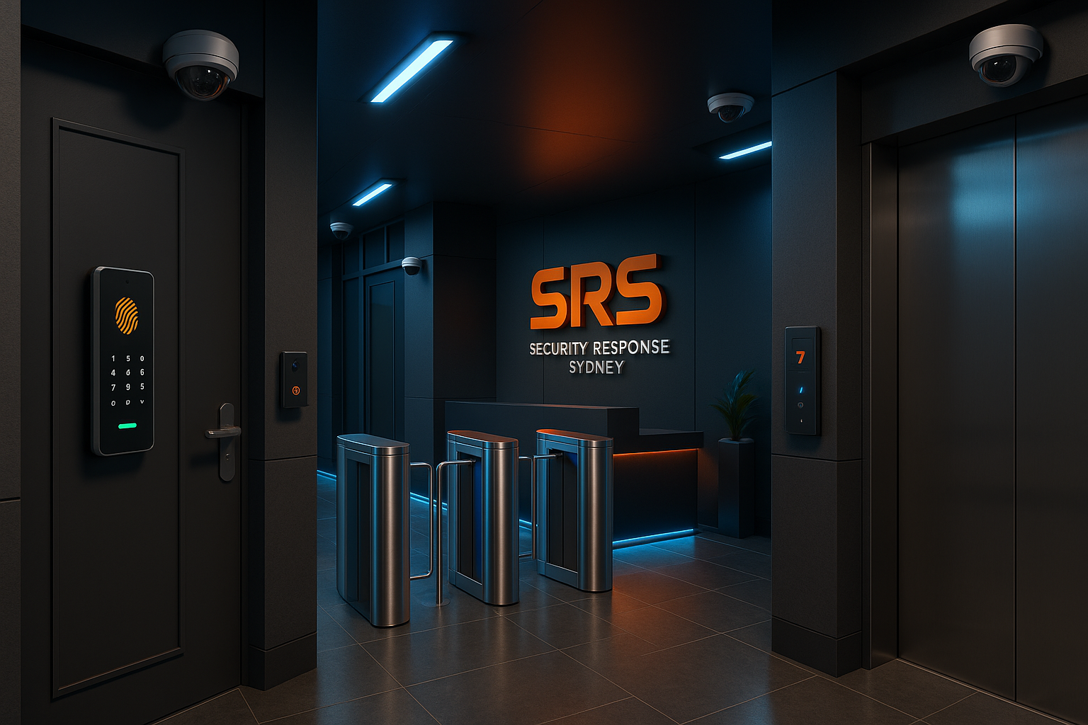 Secure Response Sydney's access control showroom and headquarters featuring modern biometric entry systems, security turnstiles, and CCTV technology in a dark, high-tech interior.