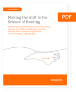 Cover page of a PDF report titled "Making the shift to the Science of Reading," featuring an outline of North Carolina, the Amplify logo, and references to CKLA research supporting literacy research.