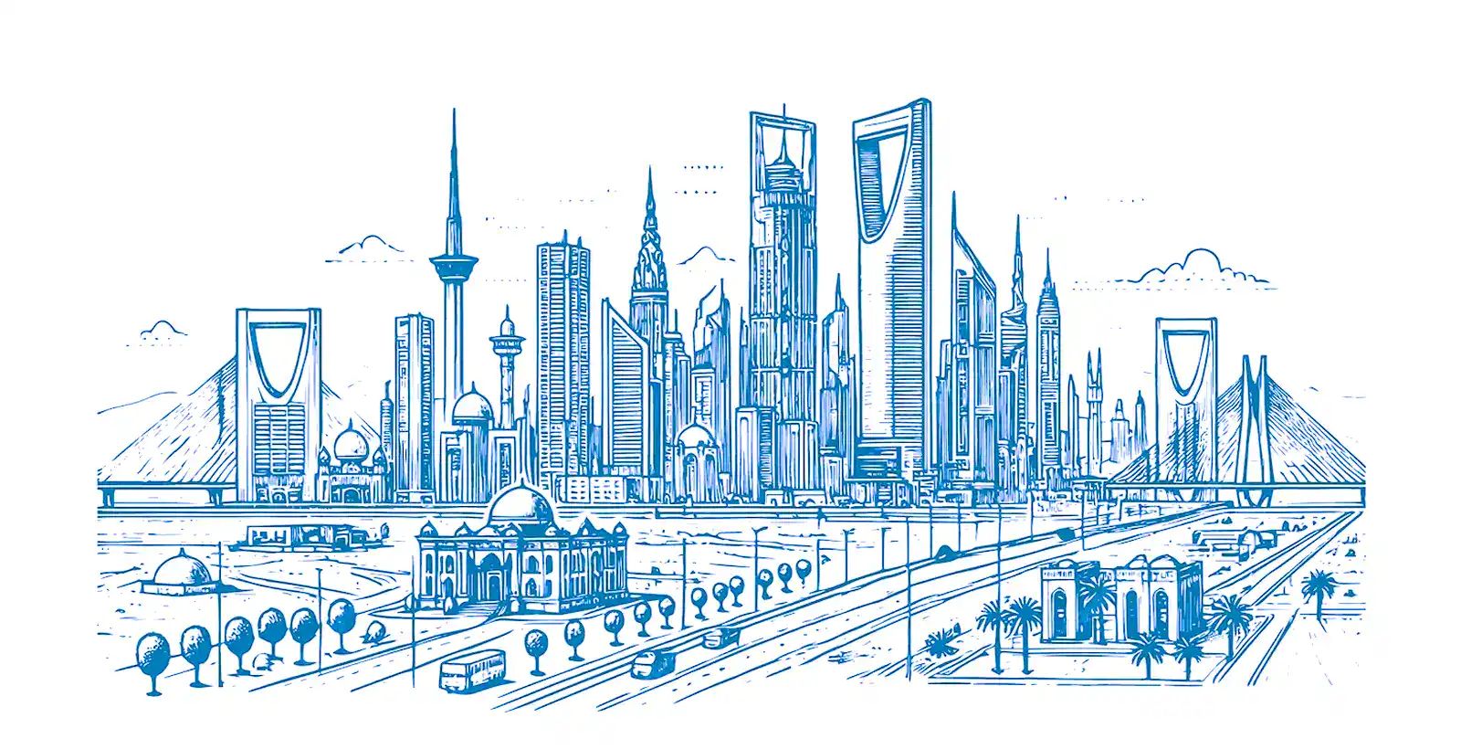 Line-art illustration of Riyadh city skyline, representing how SAMA CSF integrates Minimum Verification Controls (MVC) and Cyber Resilience Fundamental Requirements (CRFR)