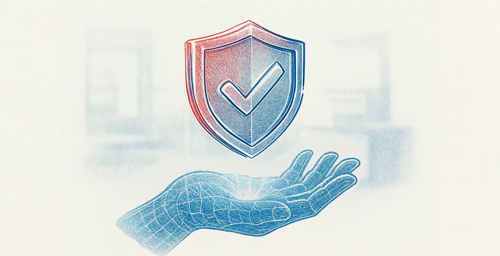 Ultra-realistic 3D illustration of holographic cybersecurity shield protecting an AI hand hologram, representing ISO 42001 compliance for AI management systems.