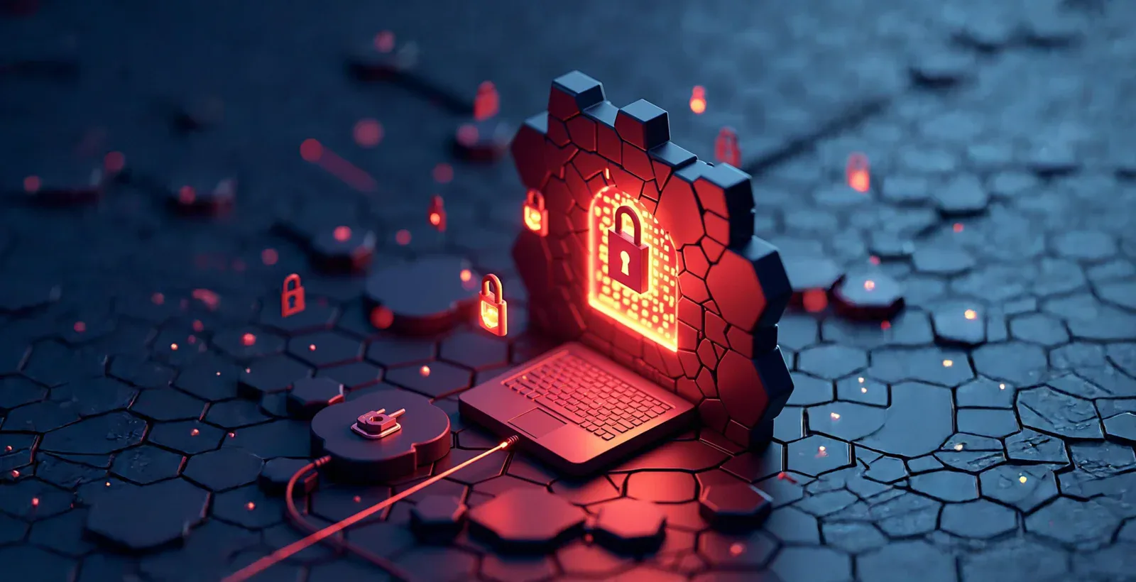 Laptop protected by a digital lock and firewall elements, illustrating the integration of vulnerability assessment and penetration testing services into a CI/CD pipeline for continuous application security