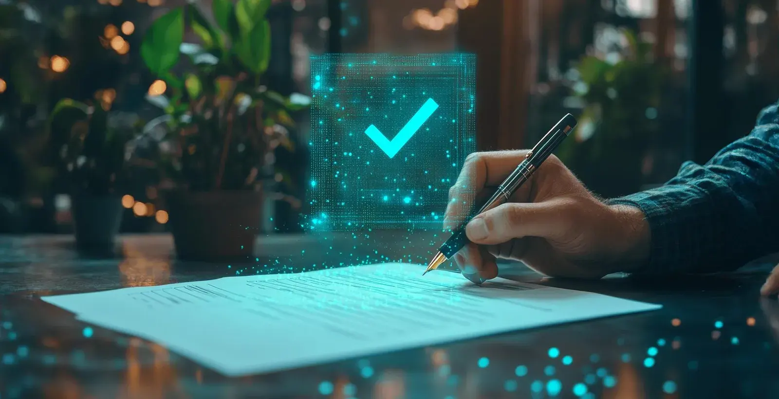 Person signing a document with a pen, overlaid with a digital checkmark icon, representing a PCI compliance certification checklist for 2025