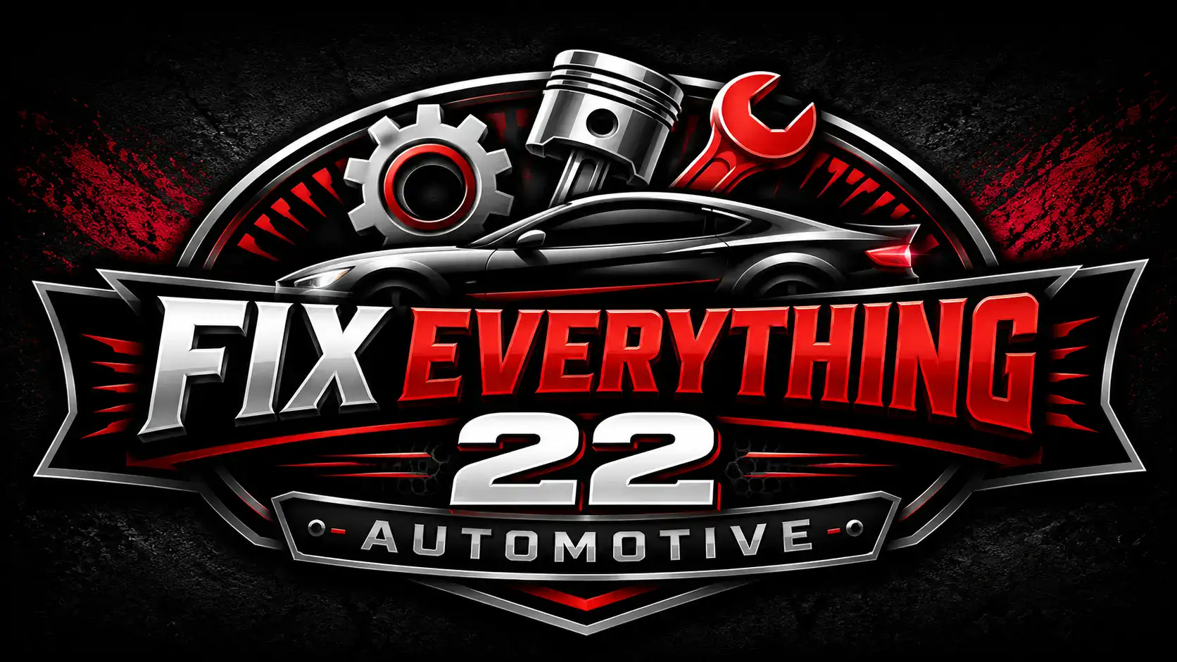 Logo for 'Fix Everything 22 Automotive' featuring a sleek black car, gears, and a red wrench motif with bold silver and red lettering.