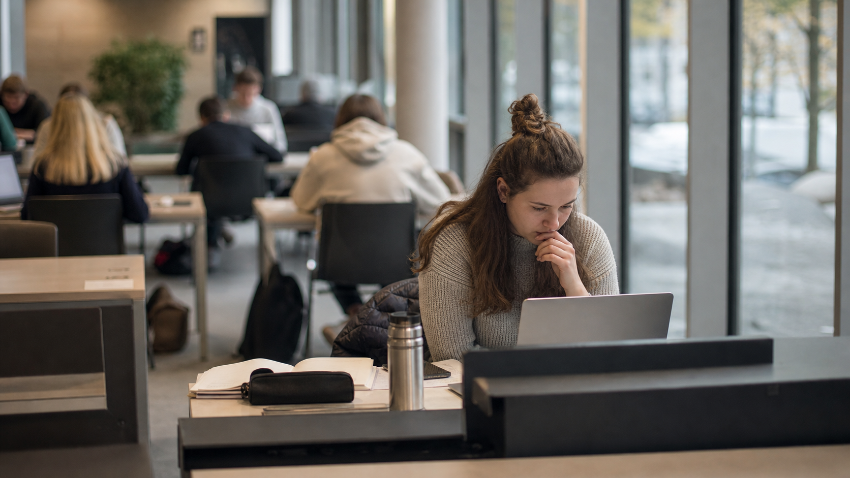 Studierende und Mitarbeitende einer Hochschule arbeiten gemeinsam an Laptops in einer modernen Bibliothek und besprechen IT-Sicherheit, passend zu Awareness Days Hochschule.