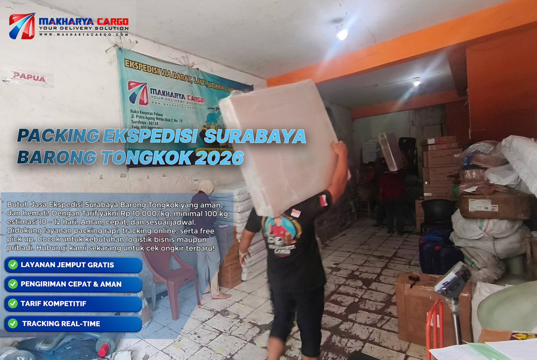 Packing ekspedisi Surabaya Barong Tongkok menggunakan kardus dan bubble wrap.