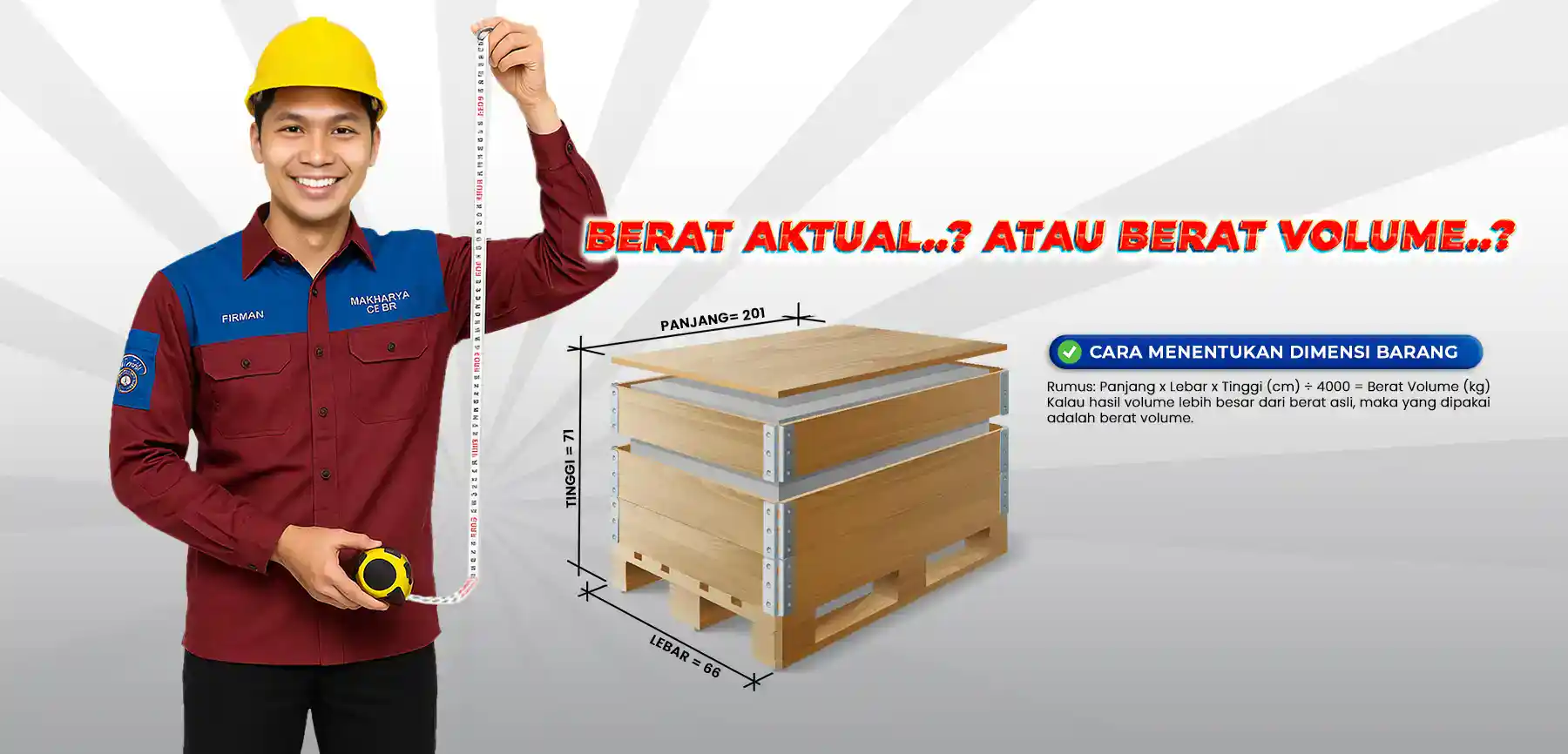 Ilustrasi rumus perhitungan berat volume (P × L × T ÷ 4.000) untuk ongkir Surabaya–Makassar