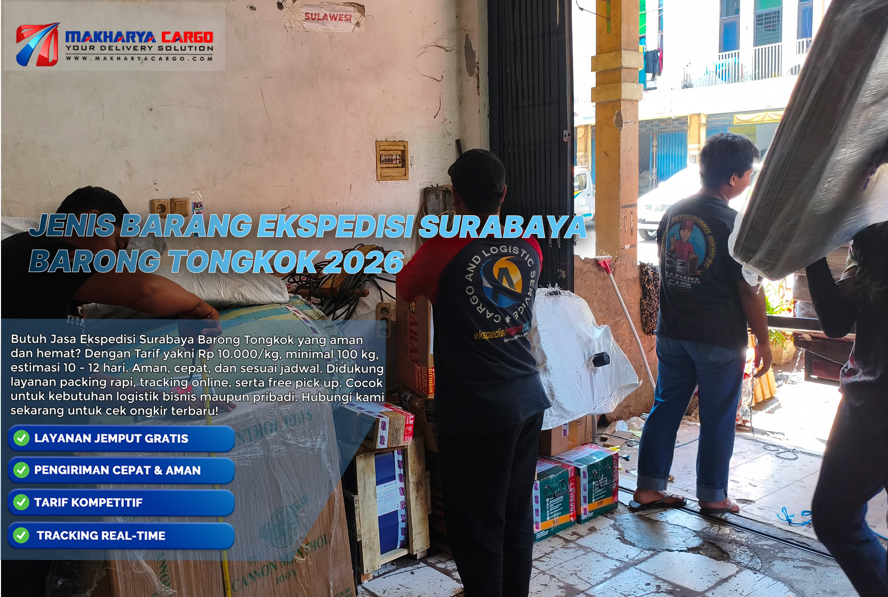 Jenis barang Surabaya Barong Tongkok berupa furniture dan kardus cargo yang disiapkan untuk pengiriman.