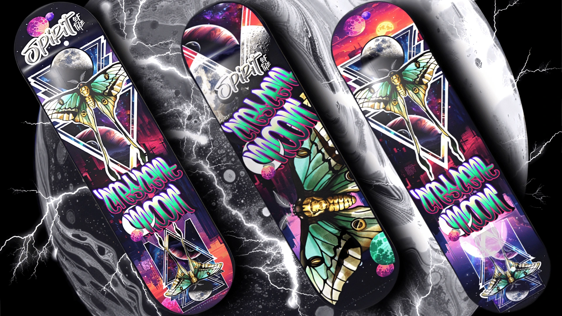 “Luna moth skateboard wall art” on geometric galaxy