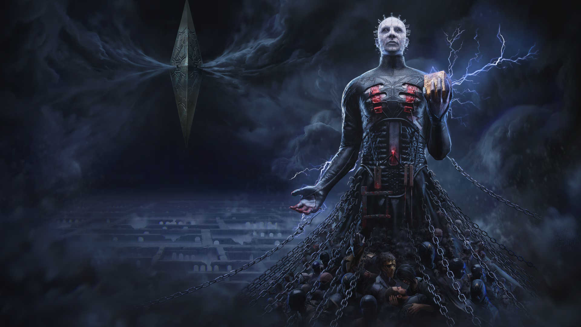 hellraiser: Revival. Pinhead em destaque segurando a Configuração do Lamento