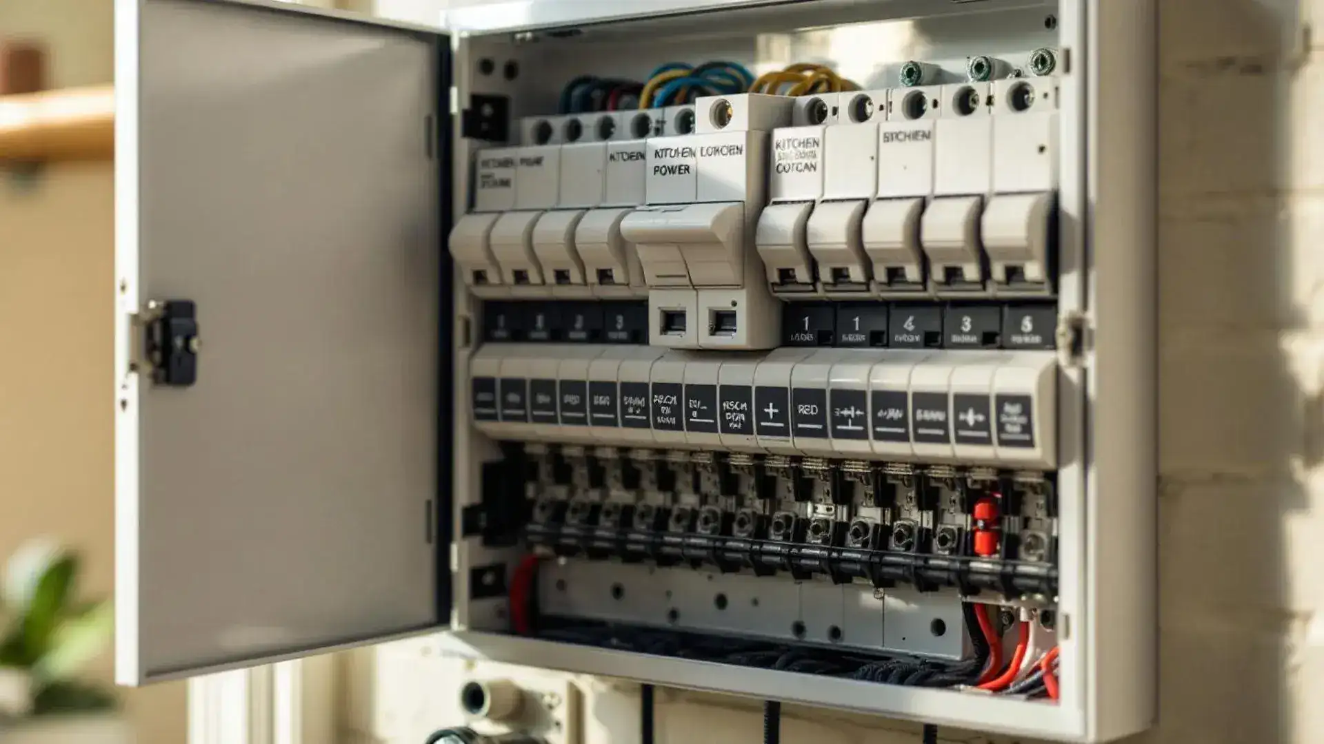 Modern compliant residential switchboard panel mounted on a cream wall in a Sydney home, door open showing circuit breakers and safety switches